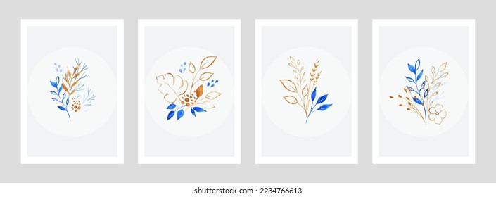 Afiches de arte mural con ramos de acuarelas azules y doradas sobre fondo blanco. Bonita decoración interior. Vector.