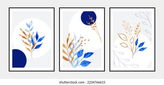 Set of wall art posters with blue and gold watercolor bouquets on white background. Beautiful decoration for interior. Vector.
