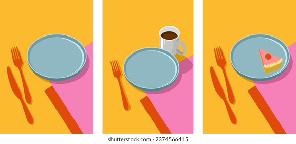 Set wall art posters kitchen utensils: plate, knife, fork, cup. Minimalist vector illustration trendy Flat style. Suitable for interior design, restaurants, cookbook and posters