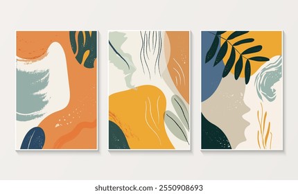 Set of wall art prints warm colors and abstract botanical shapes, Interior decorative, Vector Illustration.
