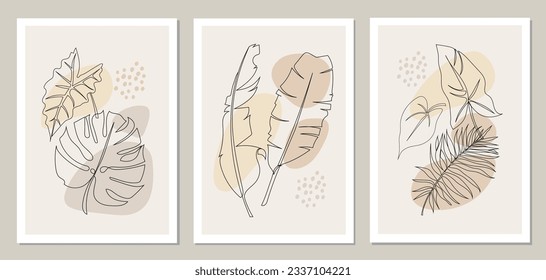 Set of wall art with tropical leaves and abstract shapes. Continuous line art. Banana, palm, monstera, alocasia leaves. Botanical posters, covers in boho style. Pastel tones. Vector.