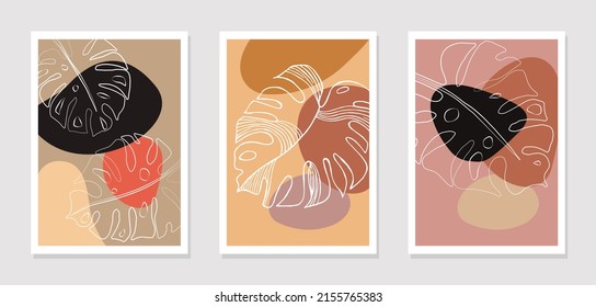 Set of wall art vector drawings. Outline drawing of monstera leaf and abstract shapes. Abstract floral design for prints, covers and backgrounds, wallpapers. Vector illustration