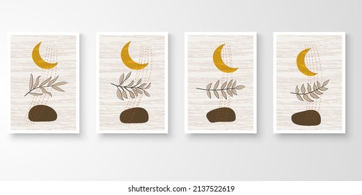 Set of wall art in white frames.Foliage line art drawing with abstract organic shape composition earth tone. Crescendo moon, leaf, stone, rain art vector illustration.