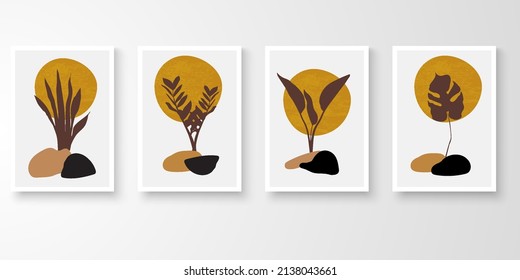 Conjunto de arte de pared en marcos blancos.Dibujo de líneas de follaje con composición de forma orgánica abstracta tono de tierra. Plantas lunares de piedra ilustración vectorial de arte.