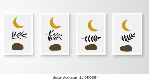 Set of wall art in white frames.Foliage line art drawing with abstract organic shape composition earth tone. Cresendo moon, leaf, stone art vector illustration.