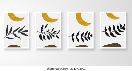 Set of wall art in white frames.Foliage line art drawing with abstract organic shape composition earth tone. Cresendo moon, leaf, stone art vector illustration.