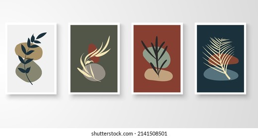 Set of wall art in white frames.Foliage line art drawing with abstract organic shape composition earth tone. Cresendo moon, leaf, stone art vector illustration.