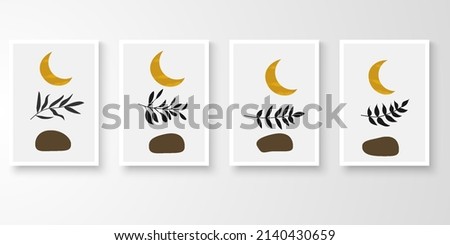 Set of wall art in white frames.Foliage line art drawing with abstract organic shape composition earth tone. Cresendo moon, leaf, stone art vector illustration.