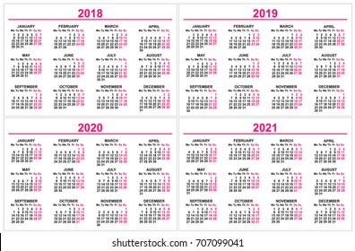 Set wall Calendar 2018, 2019, 2020, 2021 grid template. Isolated on white vector illustration