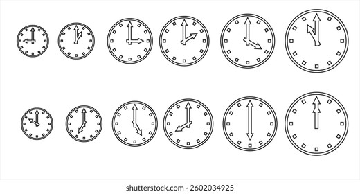 Set of wall clock with different times and size