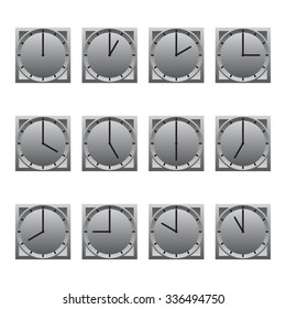 Set of wall clock showing twelve hourly time