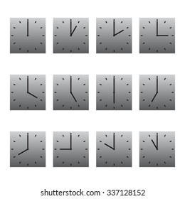 Set of wall clock showing twelve hourly time