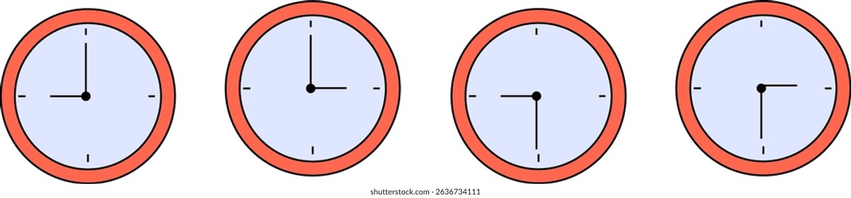 Set of Wall Clock Vector Illustrations Showing Different Times for Education, Schedule, Time Concept, and Learning Materials