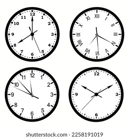 Set of wall clocks with black frame and hands. Flat style vector illustration. Simple classic wall clock with Arab numbers, with Roman numeral isolated on white background