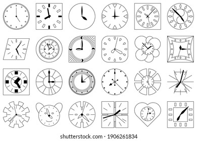 A set of wall clocks of different shapes. Vector icons in outline style isolated on white. Dial with hands for hours, minutes, seconds.