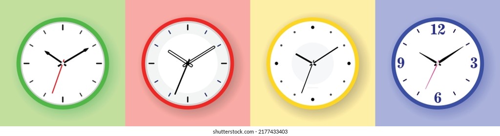 Set of wall clocks. Flat style vector illustration. Simple classic wall clock with numbers and without numbers Isolated. Clock icon , Vector illustration flat design with shadow.