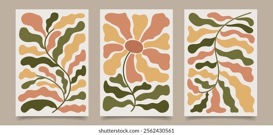 Set of wall floral retro posters. Collection of abstract tapestries in soft colors. Floral illustration, vector