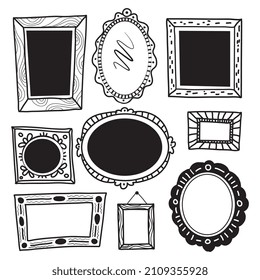 A set of wall frames for paintings drawings by hand. Doodle style. Vector illustration.