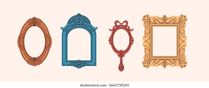Set of wall and hand ornate mirrors. Vintage ornamented gold borders for paintings, photos. Empty antique frames with decorations in baroque style, different shapes. Flat vector illustrations