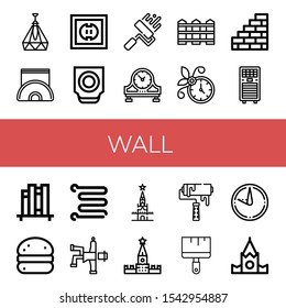 Set of wall icons. Such as Ceiling lamp, Napkin holder, Socket, Trackball, Paint roller, Table clock, Fence, Wall clock, Wall, Air conditioner, Book shelf, Bola de berlim , icons