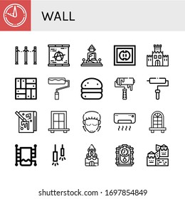 Set of wall icons. Such as Sundial, Fence, Berlin wall, Great buddha of thailand, Socket, Fortification, Parquet, Paint roller, Bola de berlim, Roller, Painting, Window , wall icons