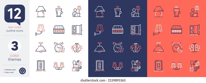Set of Wall lamp, Mint bag and Ceiling lamp line icons. Include Chandelier, Alarm, Mattress icons. Open door, Sconce light, Door web elements. Latte. For web, application. Electric sconce. Vector