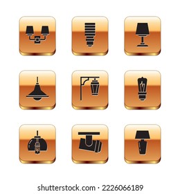 Set Wall lamp or sconce, Chandelier, Led track lights lamps, Vintage street, Table, and LED bulb icon. Vector