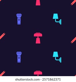 Set Wall lamp or sconce, Flashlight, Table and Fluorescent on seamless pattern. Vector