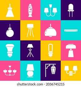 Setzen Sie Wandleuchte oder -knopf, Tisch, Leuchtstofflampe, Lüster, Boden, Lampenaufhängung und Symbol. Vektorgrafik