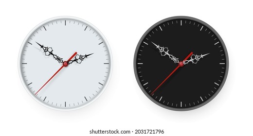 Set of wall office clocks White and black icon. Closeup of design template in vector. Mock up for branding and advertising isolated on transparent background.