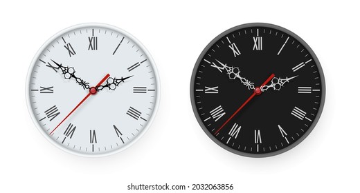 Set of wall office clocks White and black icon. Closeup of design template in vector. Mock up for branding and advertising isolated on transparent background.