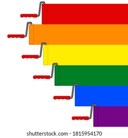 Set of wall paint rollers with multicolored long colored strips. 