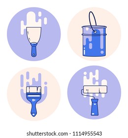  Set of wall painting tools. vector illustration with spatula, bucket of paint, brush and roller. Home repair icons 