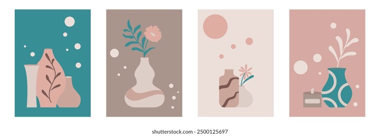 Conjunto de pinturas murales con jarrones y flores en estilo moderno. Carteles minimalistas en tonos pastel con Elementos botánicos. Plantillas para crear postal, cartel, invitación, otro diseño, Vector