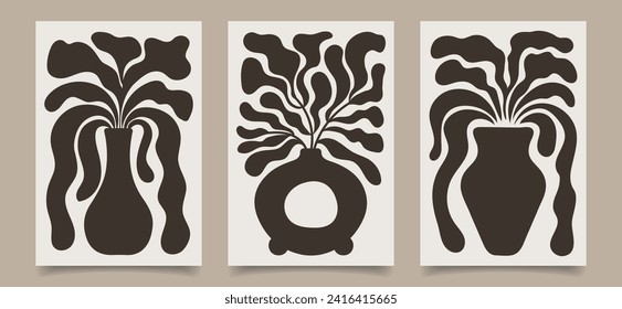 Set of wall posters. Contemporary tapestries with bohemian flowers and plants. Wall posters in the style of Matisse. Retro botanical print. Vector