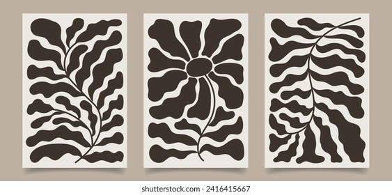 Set of wall posters. Contemporary tapestries with bohemian flowers and plants. Wall posters in the style of Matisse. Retro botanical print. Vector