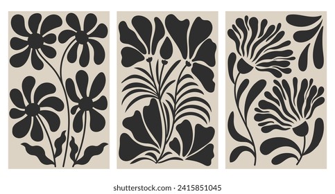 Set von Wandplakaten. Moderne Tapisserien aus dem Mittelalter mit böhmischen Blumen und Pflanzen. Retro Bauhaus wall Art, botanischer Druck, Vektorgrafik