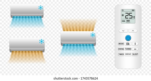 Set of wall realistic white air conditioner with different air flow. Realistic remote control for air condition. Stock vector illustration on transparent isolated background.