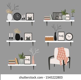 Set of Wall shelves for a Scandinavian-style living room interior with flower pots, vase with a branch, books, clock and paintings. Vector flat illustration.
