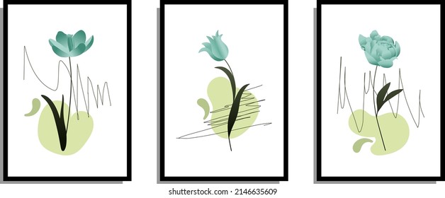Conjunto de arte vectorial de pared con flores botánicas. Diseño artístico abstracto para el arte impreso, cubiertas, papel pintado, arte mural mínimo y natural. Ilustración vectorial.