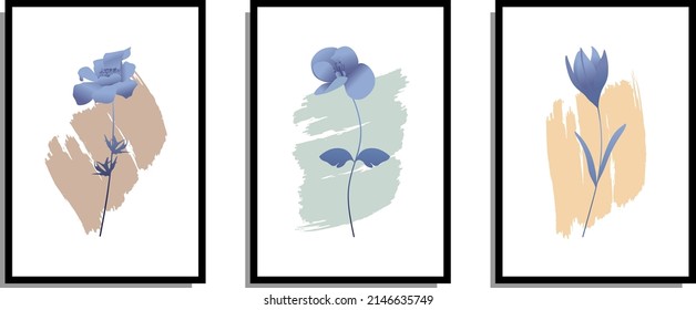 Set von Wandvektorkunst mit botanischen Blumen. Abstraktes Kunstdesign für gedruckte Kunst, Cover, Wallpaper, Minimale und natürliche Wandkunst. Vektorgrafik.