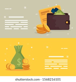 set with wallet and bag money vector illustration design
