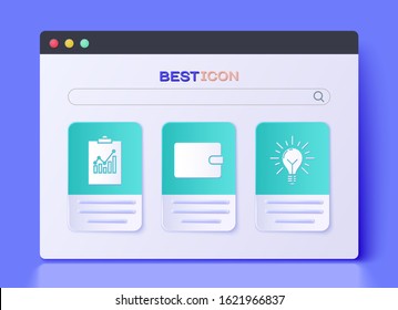 Set Wallet, Clipboard with graph chart and Light bulb with rays shine and concept of idea icon. Vector