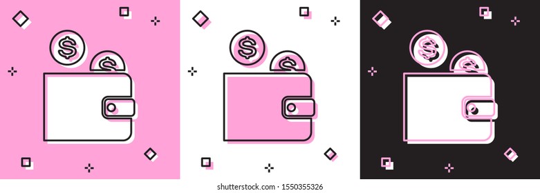 Set Wallet with coin icon isolated on pink and white, black background. Money Wallet. Coin dollar symbol.  Vector Illustration