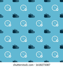 Set Wallet with coins and Clock 24 hours on seamless pattern. Vector