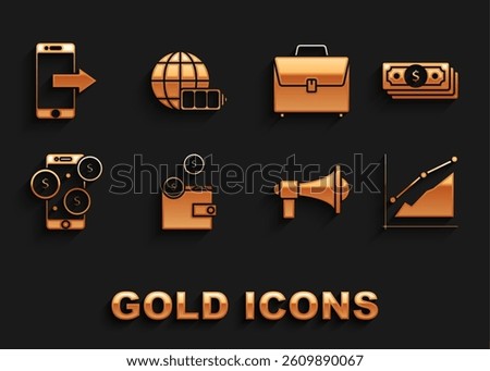 Set Wallet with coins, Stacks paper money cash, Pie chart infographic, Megaphone, Smartphone dollar symbol, Briefcase, Smartphone, mobile and Battery charge level indicator earth globe icon. Vector