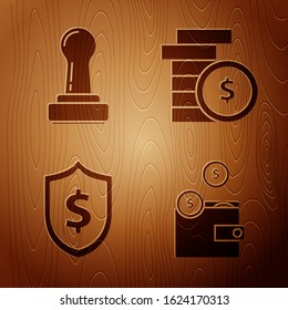 Set Wallet with coins, Stamp, Shield with dollar symbol and Coin money with dollar symbol on wooden background. Vector