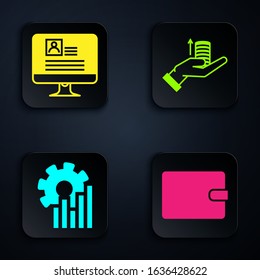 Set Wallet, Computer monitor with resume, Pie chart infographic and Money on hand. Black square button. Vector