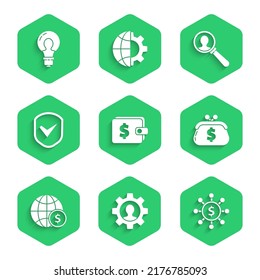 Set Wallet with dollar, Human gear inside, Dollar, share, network, Earth globe, Shield check mark, Magnifying glass for search people and Light bulb concept of idea icon. Vector