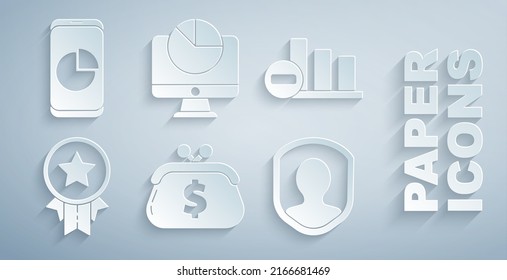 Set Wallet with dollar, Pie chart infographic, Medal star, User protection, Computer monitor and Mobile phone icon. Vector